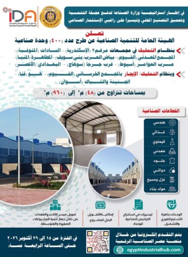 وزارة الصناعة تطرح 400 وحدة صناعية 